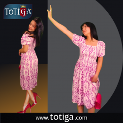 MADONNA YAKA PEMBE BEYAZ DESENLİ STANDART BEDEN MAXİ KETEN ELBİSE 