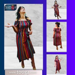 MADONNA YAKA ÇOK RENKLİ MAXİ KETEN ELBİSE 