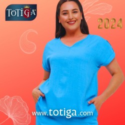 BÜYÜK BEDEN V YAKA KETEN MAVİ BLUZ