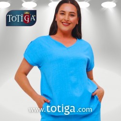 BÜYÜK BEDEN V YAKA KETEN MAVİ BLUZ