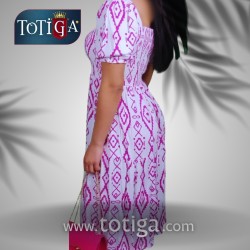 MADONNA YAKA PEMBE BEYAZ DESENLİ STANDART BEDEN MAXİ KETEN ELBİSE 