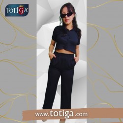 SİYAH GÖMLEK YAKA CROP YARI İSPANYOL CEPLİ BÜRÜMCÜK TAKIM